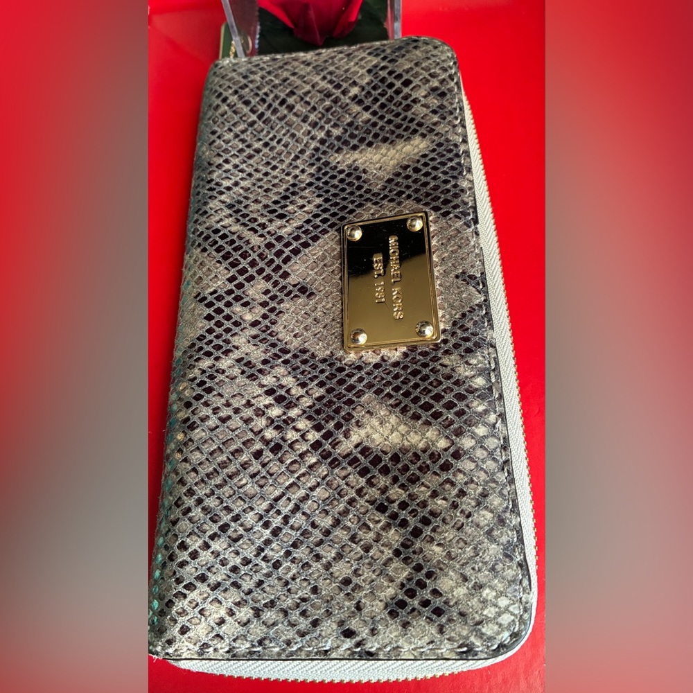Michael Kors Silver Snake-Print Zip Wallet with Gold Plate